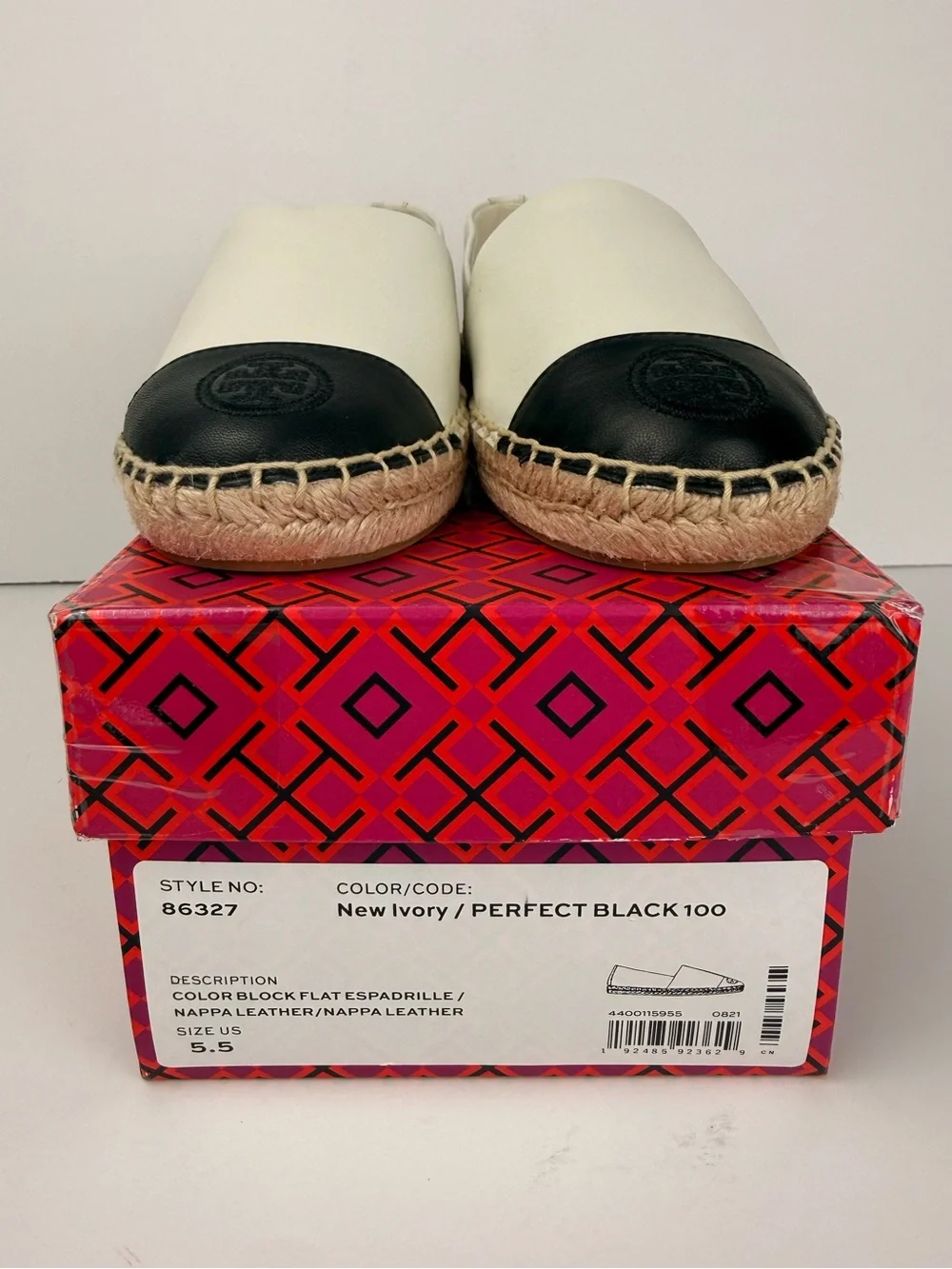 Tory Burch Colorblock Flat Espadrille Nappa Leather Shoes New Ivory/Black 5.5
